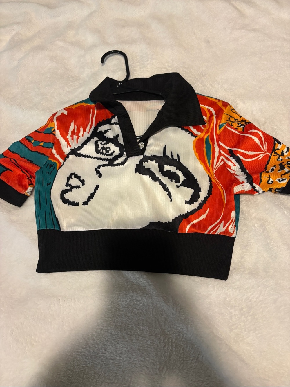 Graphic Cropped Polo Top in Red, Black & White